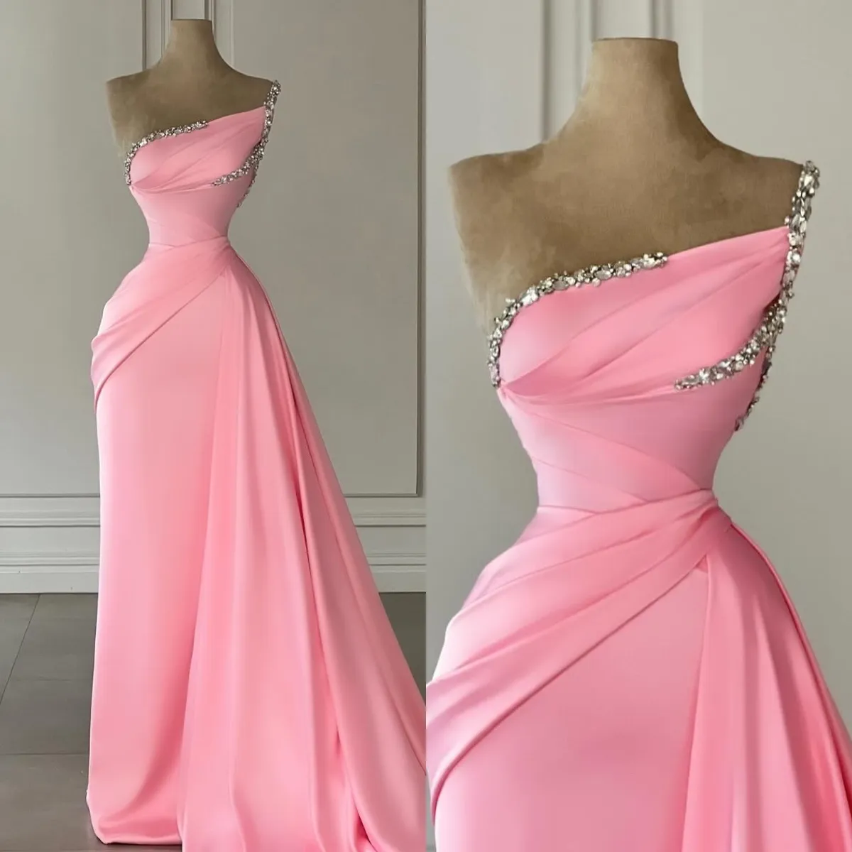 Pink Satin Sheath Spaghetti Straps Prom Dress With Detachable Train Pink Satin Sheath Spaghetti Straps Prom Dress With Detachable Train