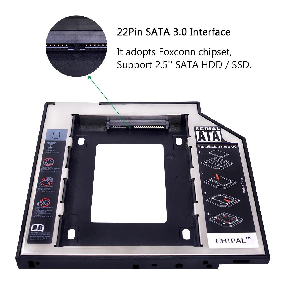CHIPAL Aluminum LED 2nd HDD Caddy 9.5mm 12.7mm SATA 3.0 2.5'' SSD Case HD Hard Disk Drive Enclosure for Laptop DVD ROM CD-ROM