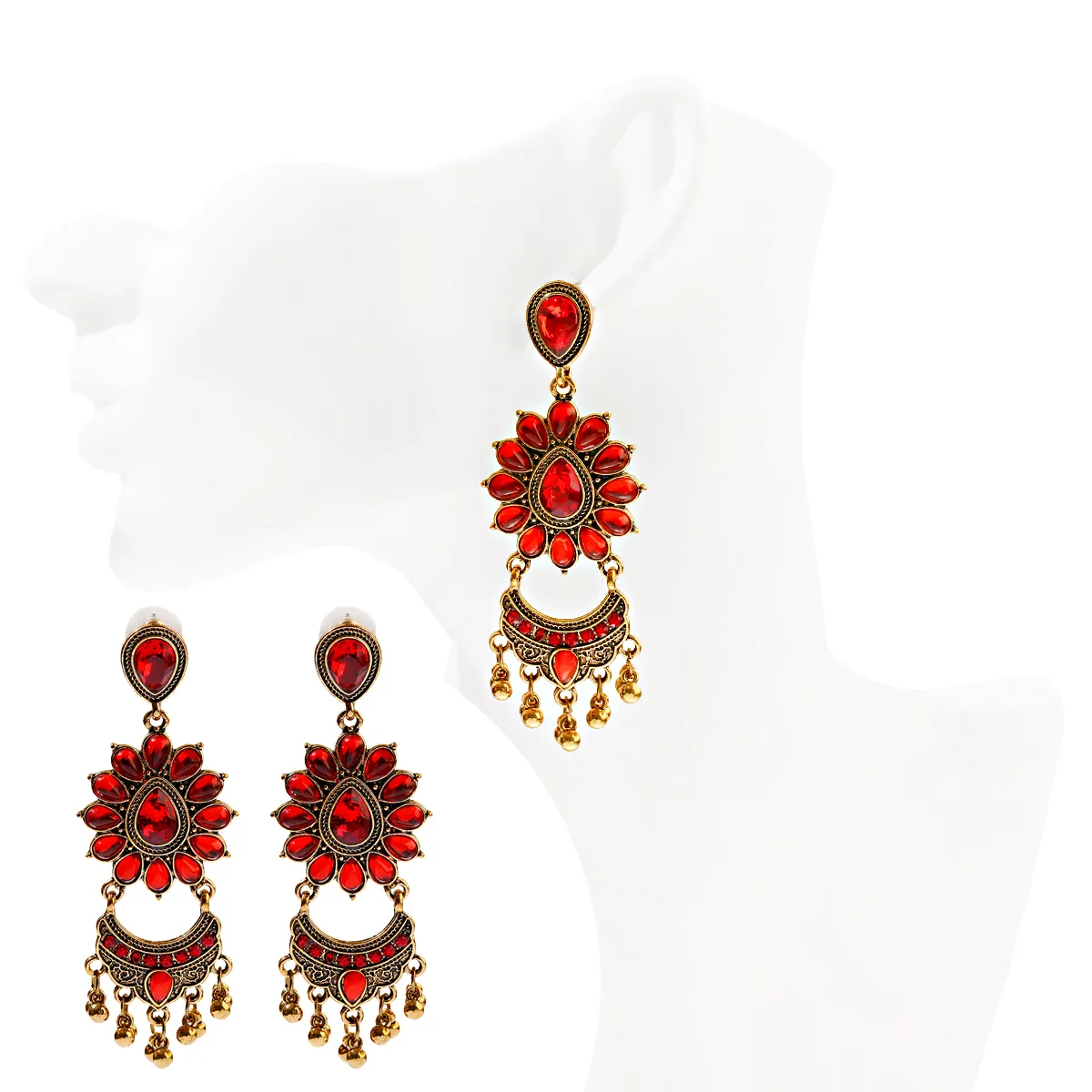 Jhumka Rhinestone Boho Gypsy Red Flower Rhinestone Jhumka Earrings Afghan Indian Style ...