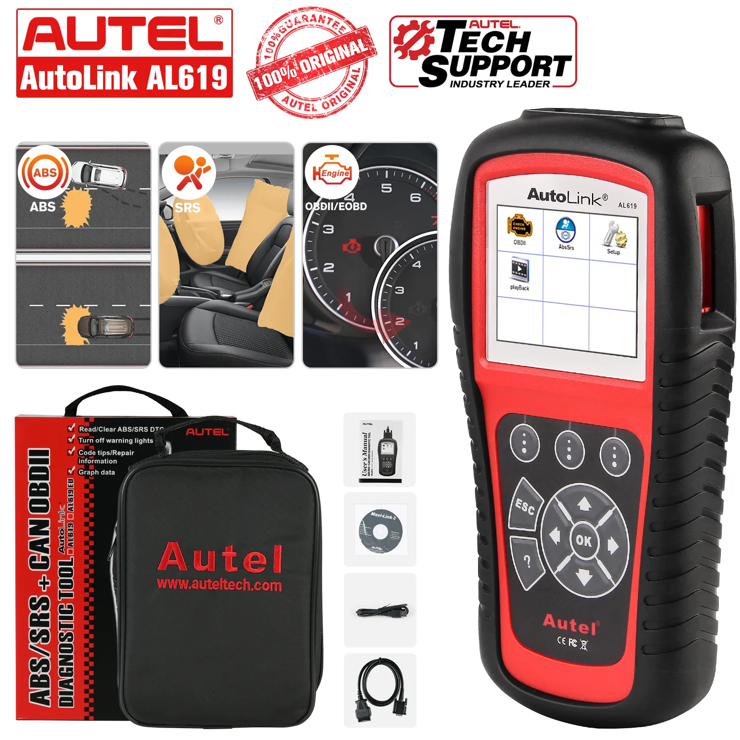2024 Autel AutoLink AL619 OBD2 Scanner – Check Engine Light Code Reader With ABS & SRS