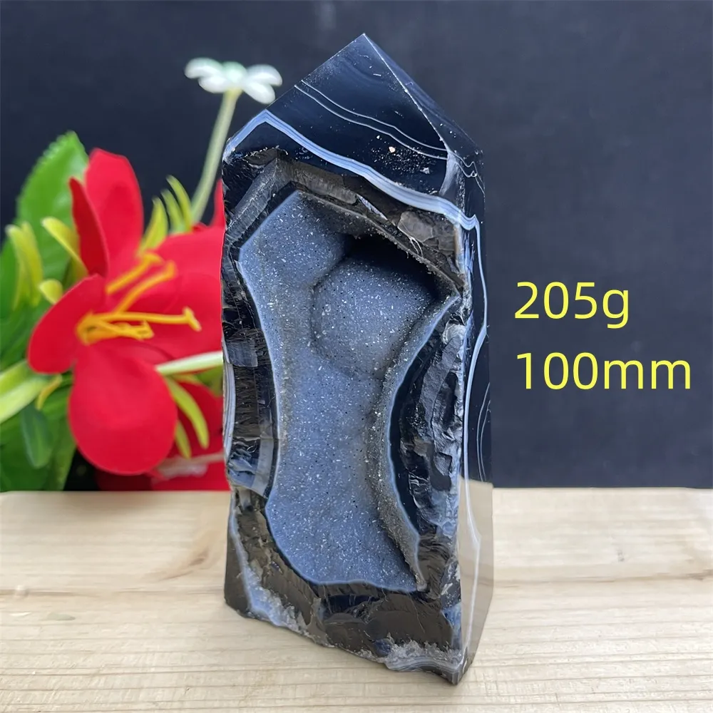 Natural Black Agate Geode Crystal Tower Hexagonal Square