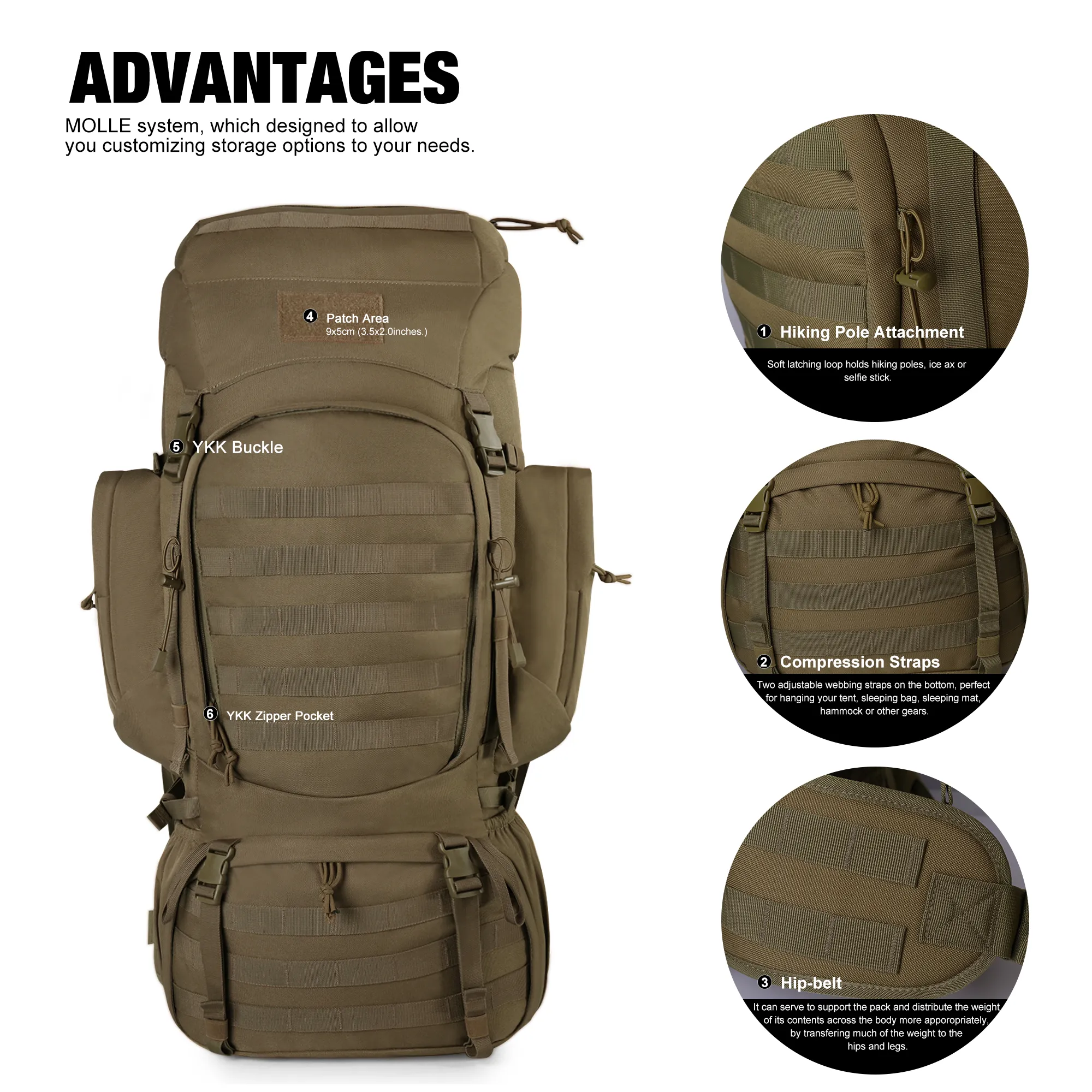 Mardingtop 60L Tactical Internal Frame Hiking Backpack with YKK