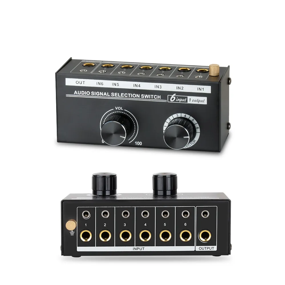 6-in-1 Audio Switcher with Volume Control: 3.5mm/6.5mm Stereo