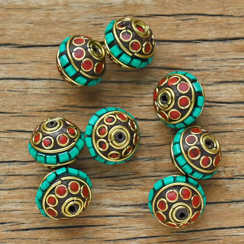 thumbnail image 2 of 50pcs Antique Tibetan Style Brass Beads – Coral & Turquoise Accents – Handmade Mixed Lot 2 of 5