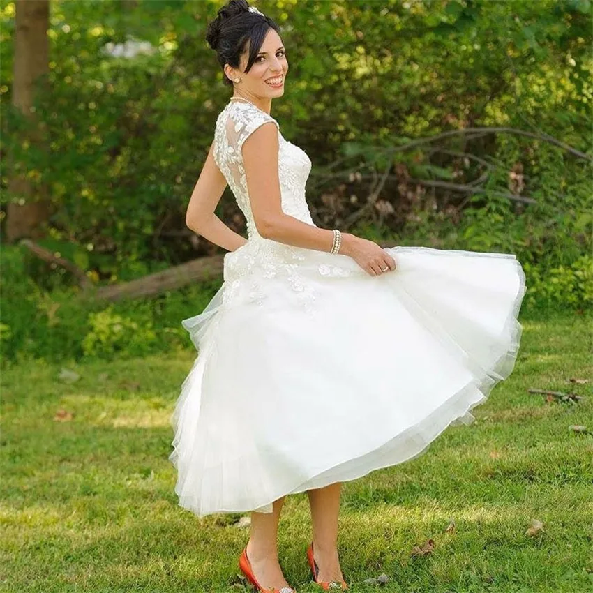 Women's Short Sleeve A-Line Wedding Dress – Lace Tea-Length Ball Gown For Outdoor Brides, Plus Size - View #8