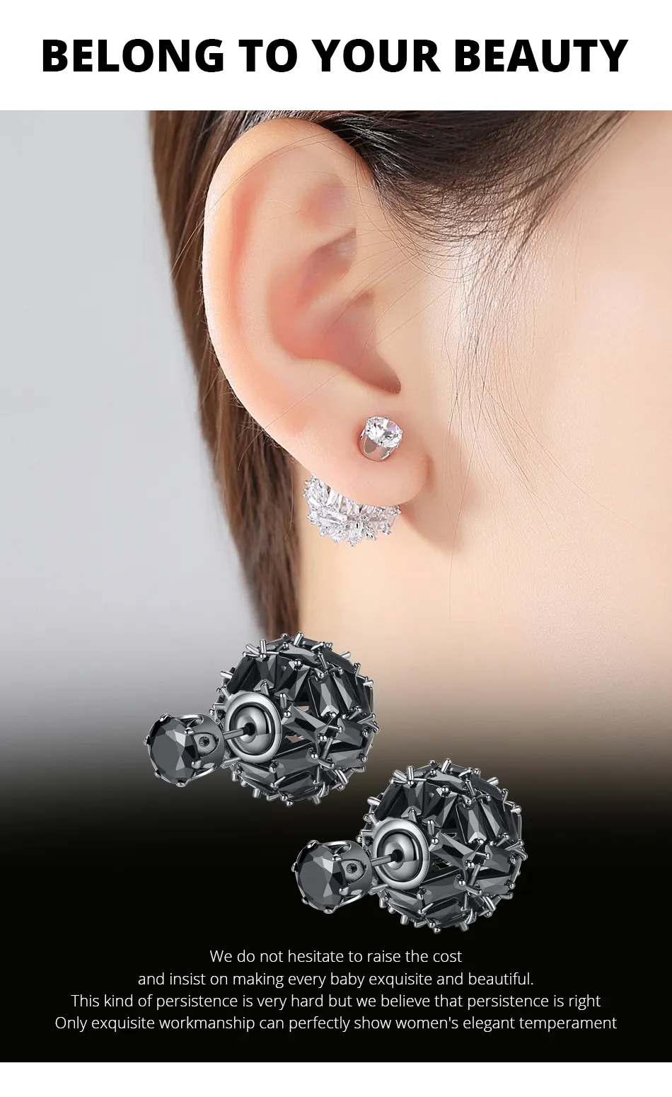 LUOTEEMI All Black CZ Double Sided Stud gold earrings design LUOTEEMI All Black CZ Double Sided Stud gold earrings design