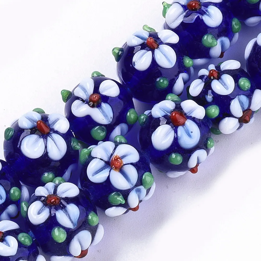 5pcs Handmade Lampwork Glass Beads – 12mm Round, Flower Pattern, For DIY Jewelry