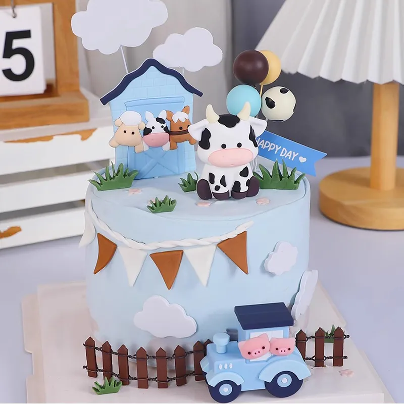 Animal Cake Topper Farm Cow Tractor Decorations For Kids Birthday