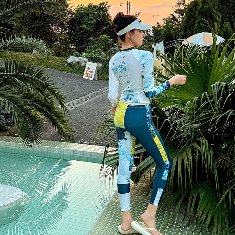 Two Piece Long Sleeve Rashguard Swimsuit For Women, Korean Style