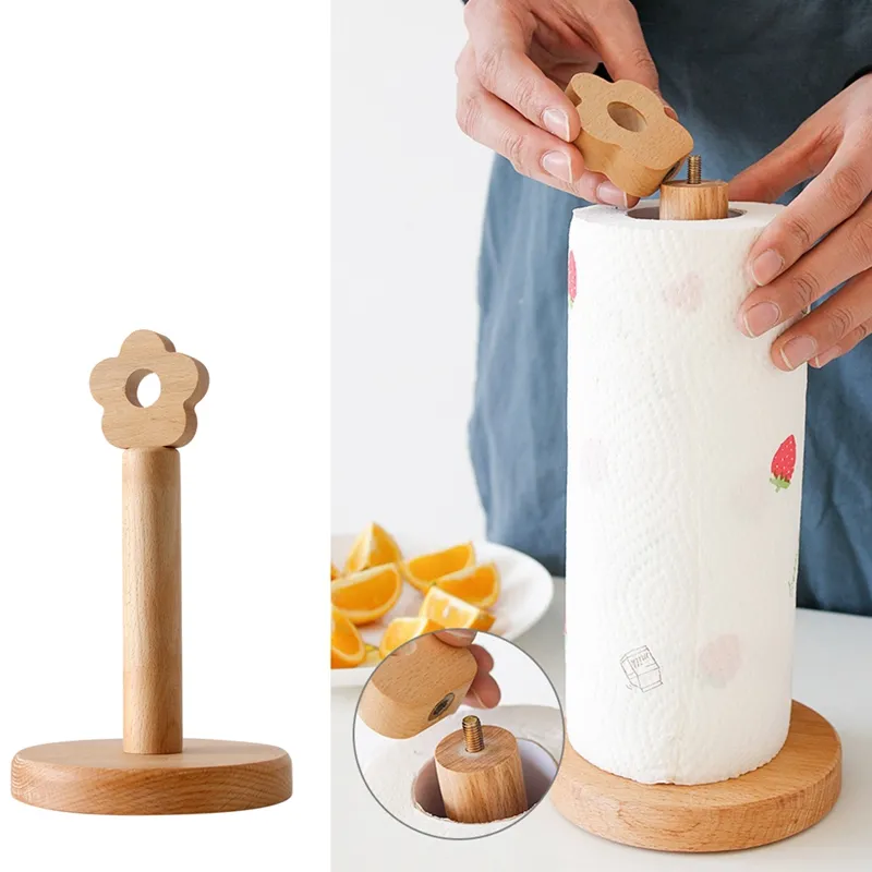 Wood Towel Rack Creative Kitchen Vertical Beech Paper Towel Holder with  Small Flower Design - Lazy Rag Storage