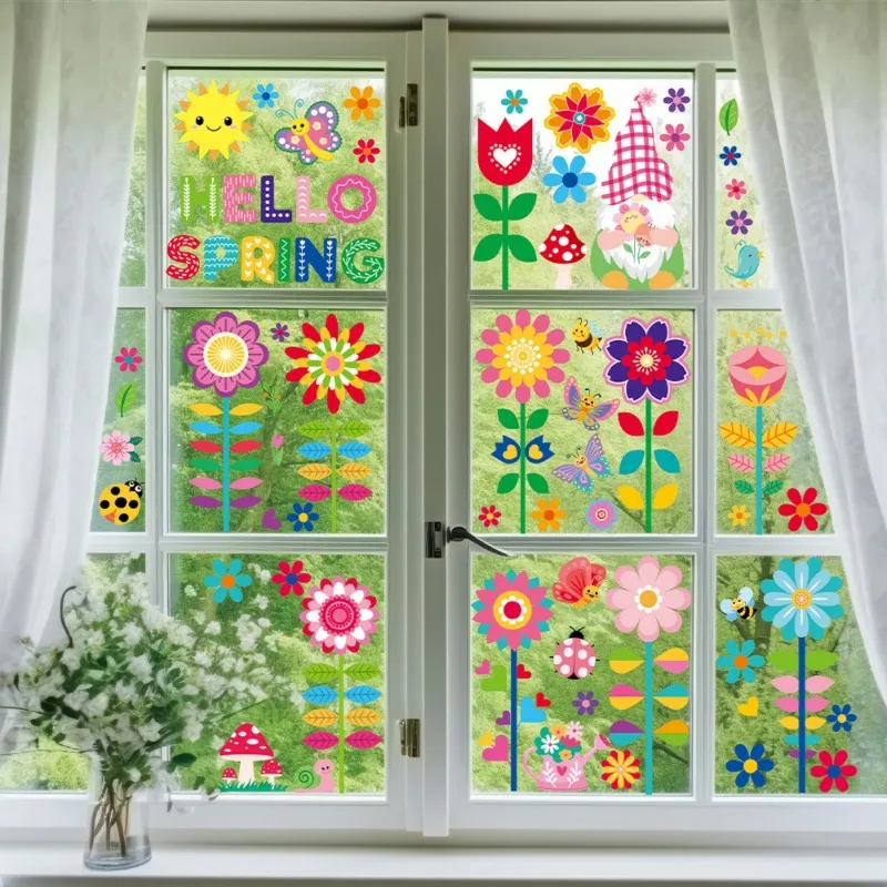 DHgate.com:9 Sheets Colorful Floral Spring Window Stickers, Double ...