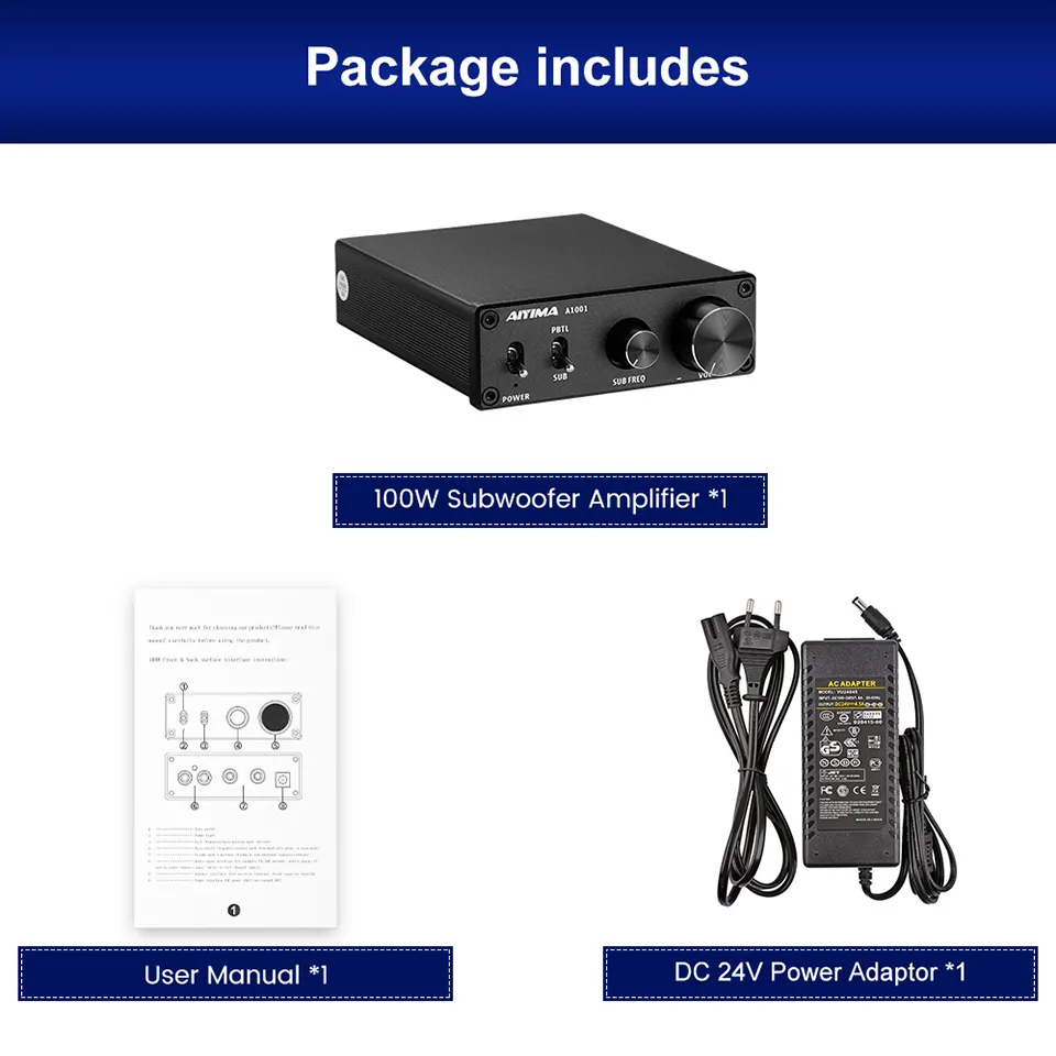 Amplificatore Subwoofer Mono AIYIMA A1001, Classe D, 100W, Alimentatore 24V, Per Home Theater E Hi-fi