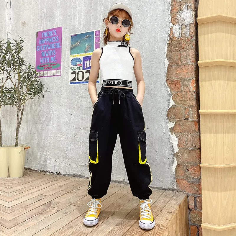 Girls Hip Hop Dance Outfits Cotton Vest Tops Cargo Sweatpants Set for Ages 9 13 Streetwear Fashion