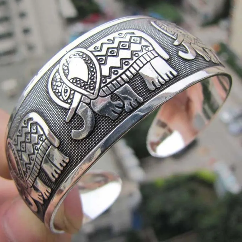 Vintage Tibetan Silver Adjustable Bangle Bracelet - Carved