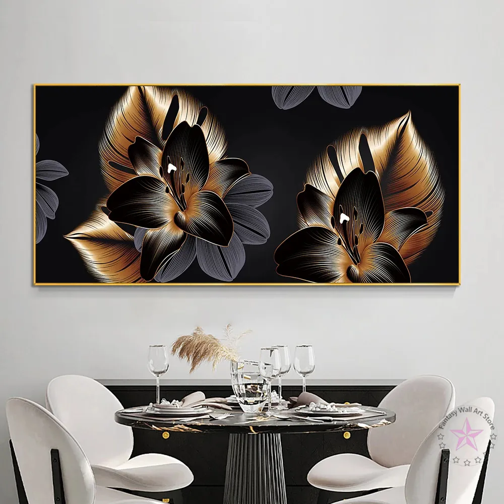Gold Leaf Wall Art Canvas Print: Abstract Black Golden Flower Luxury ...