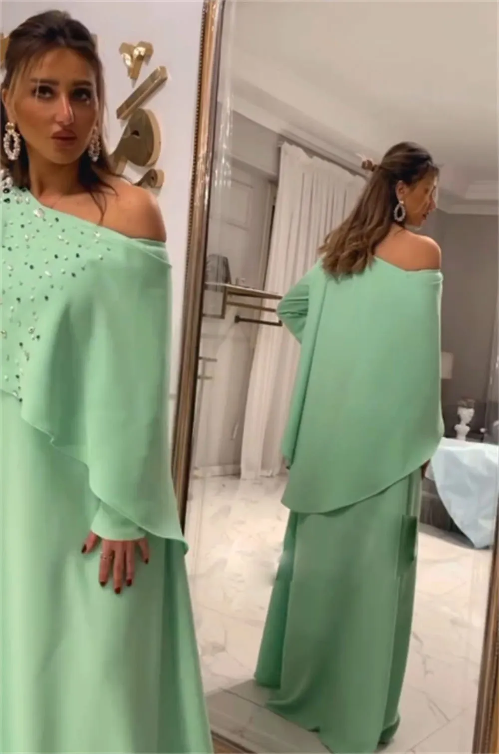 Mint Green Satin A-Line Mother of the Bride Dress with Off-Shoulder Long  Sleeve and Beaded Details from Dhgate Mother's Dresses - price 127.29