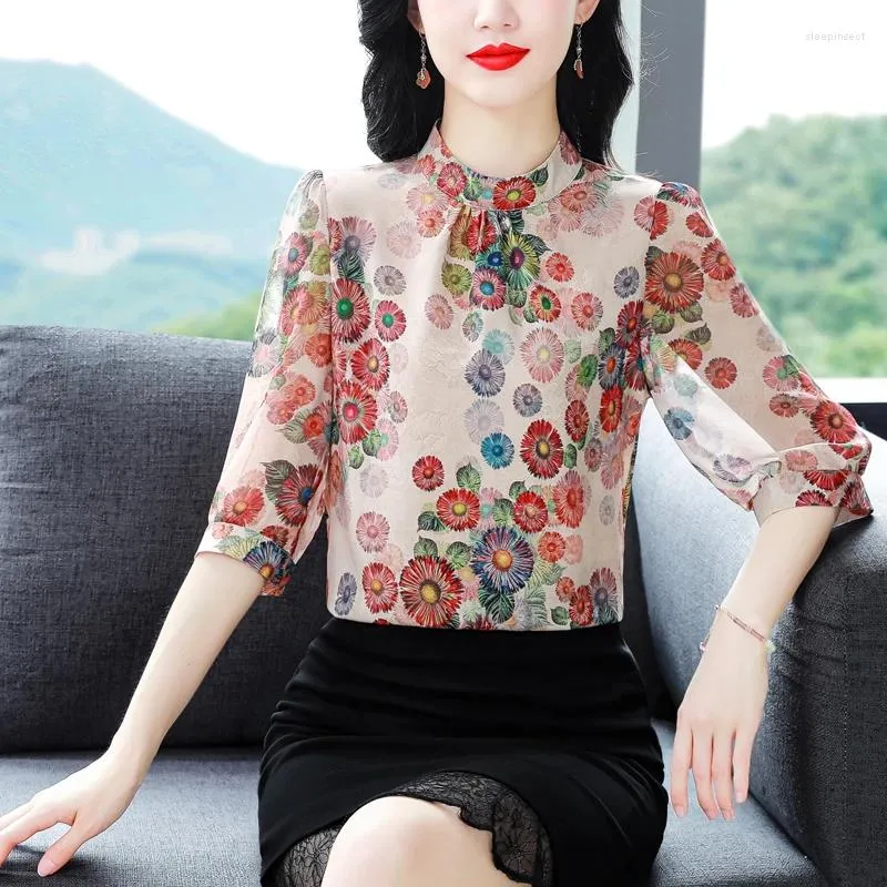 Women s Blouses Spring Summer Chiffon Blouse Fashion Floral Printed Shirt Stand Collar 3 4 Sleeve Casual Women