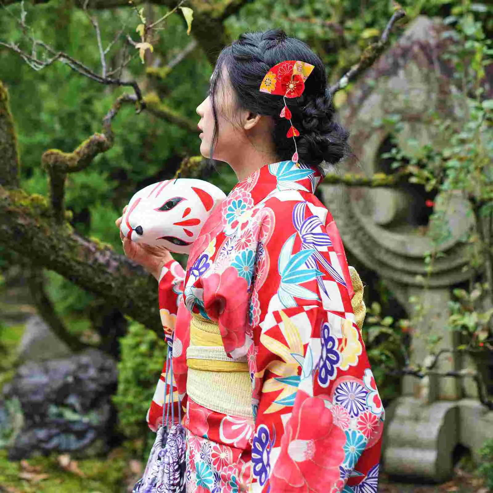 Traditional Japanese Kimono 3 clip barrette with Tassel