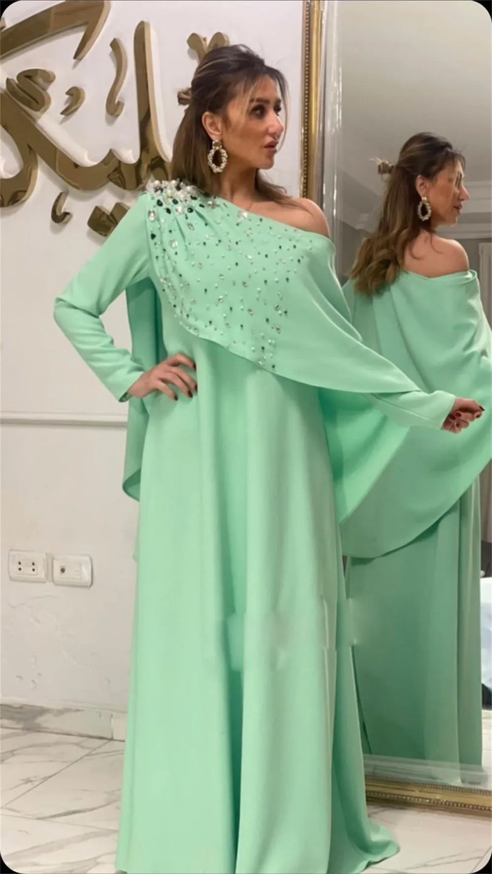 Mint Green Satin A-Line Mother of the Bride Dress with Off-Shoulder Long  Sleeve and Beaded Details from Dhgate Mothers Dresses - price 127.29