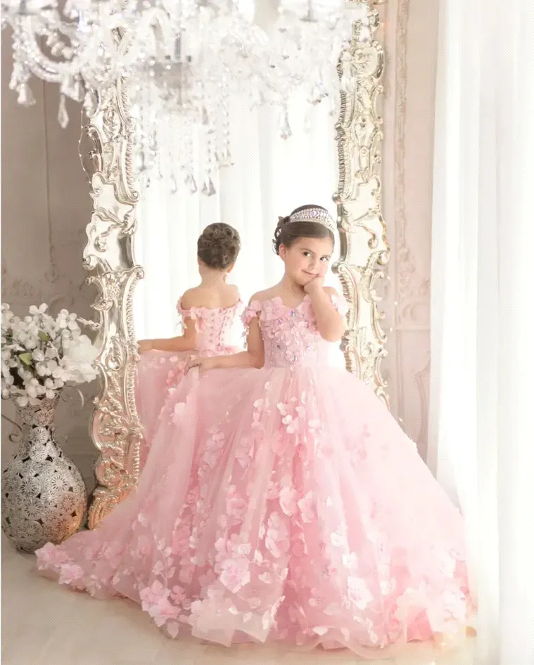 Flower Girl Dress: Pink 3D Floral Applique Ball Gown Toddler