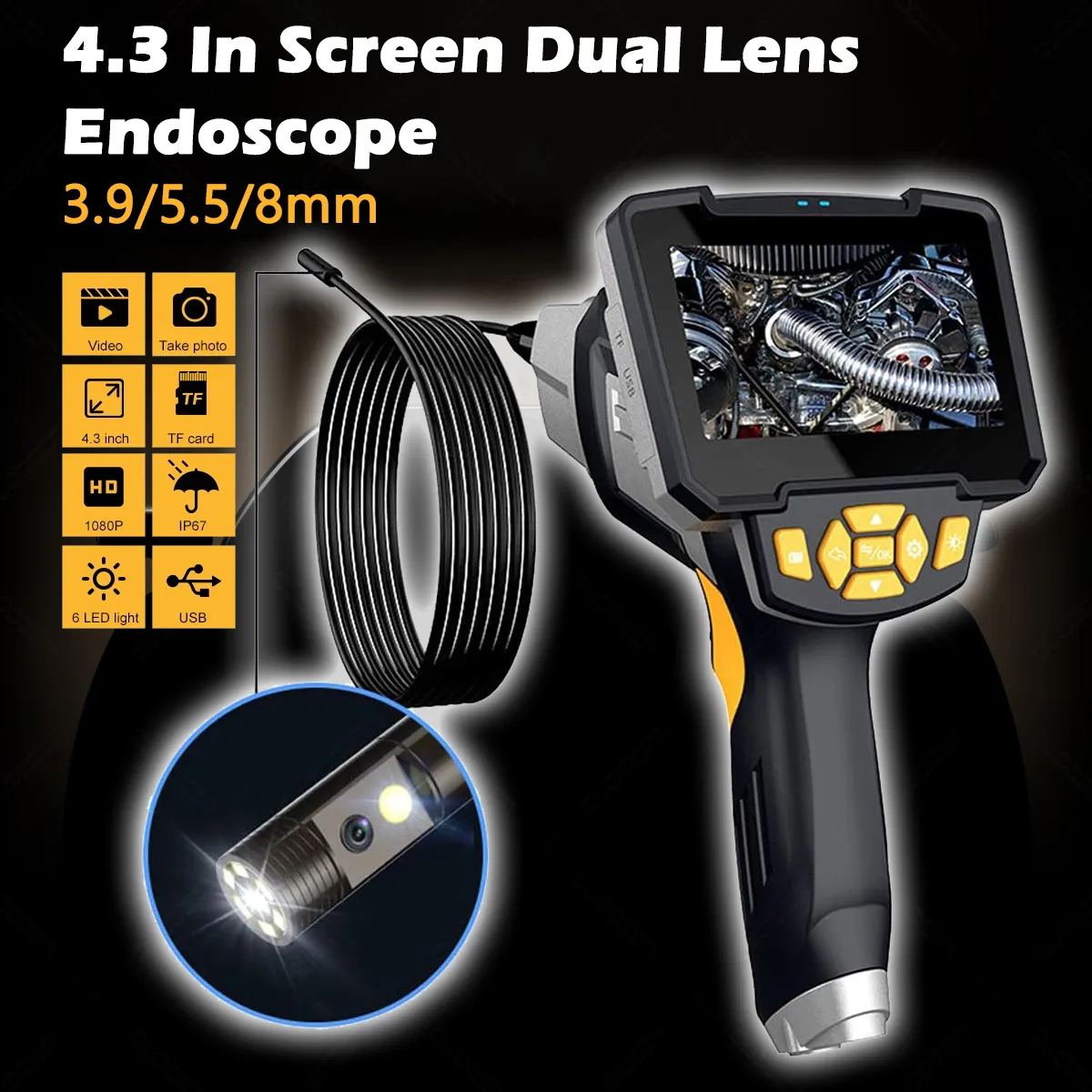 3IN IPS 1080P Dual Lens Car Borescope Endoscope Camera with Articulated ...