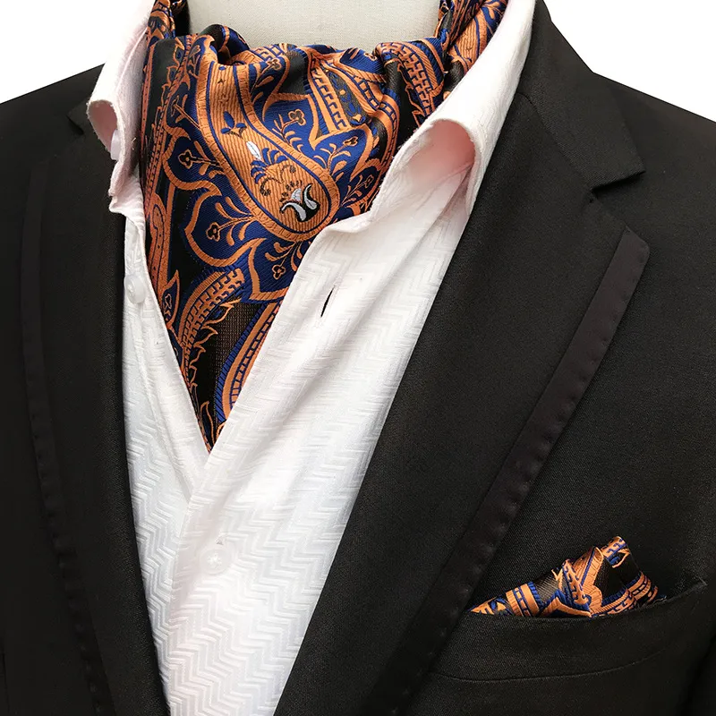 Mens Silk Jacquard Ascot Tie And Pocket Square Set Vintage Style