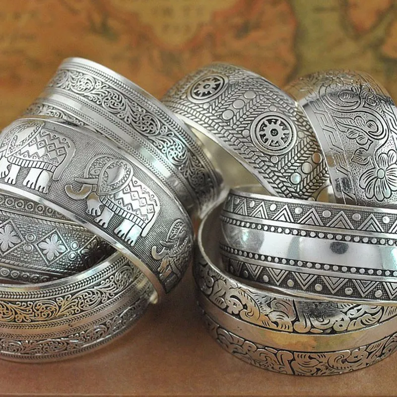 Vintage Tibetan Silver Adjustable Bangle Bracelet - Carved