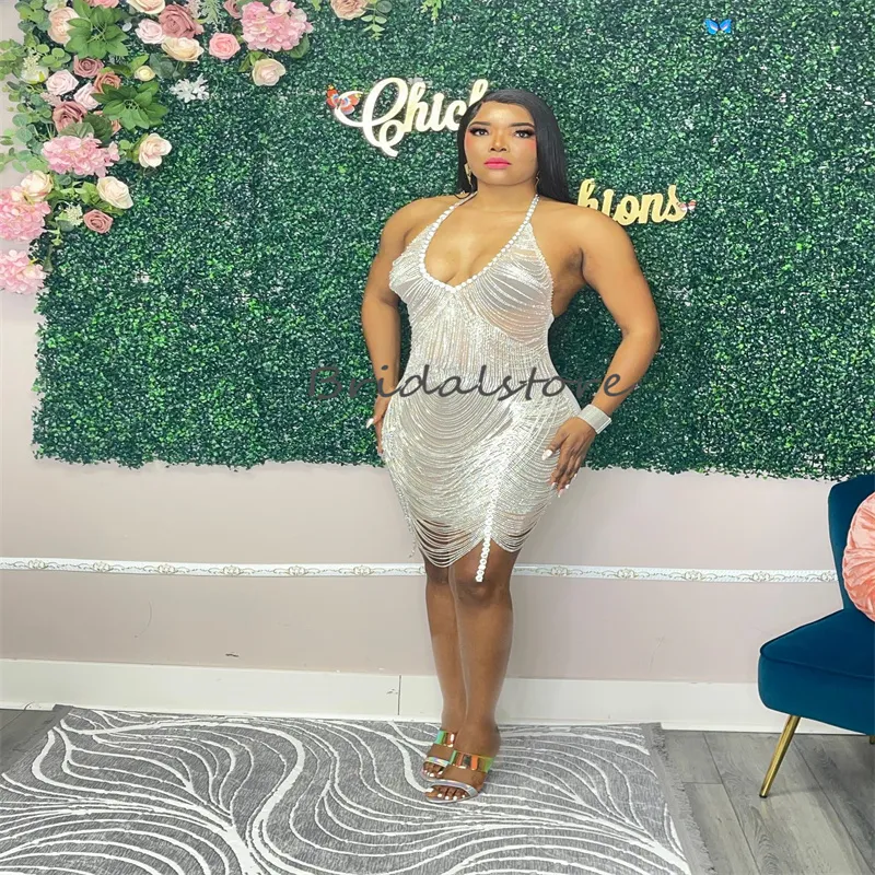 Party Short Diamond Dress Sheer Crystal Dress: Sexy See Through