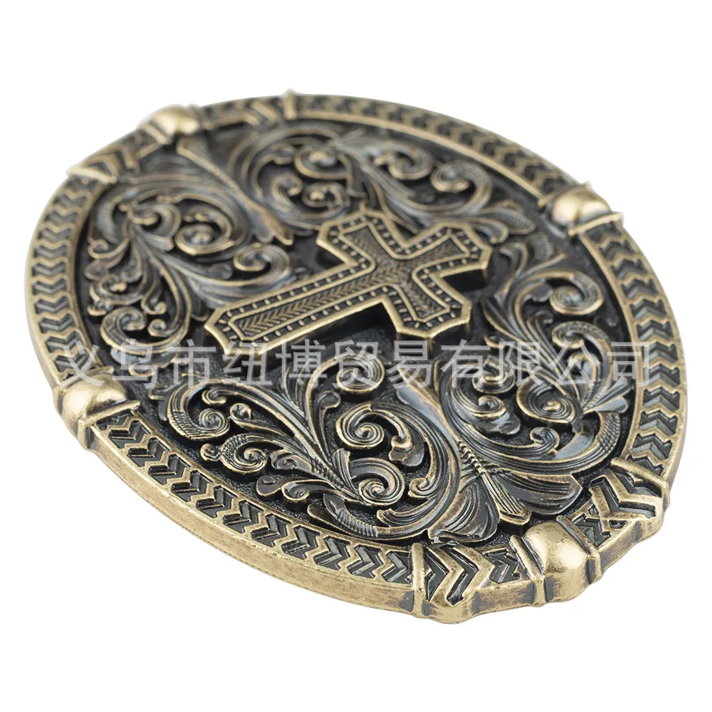 Oval Cross Belt Buckle with Geometric Religious Patterns for Men