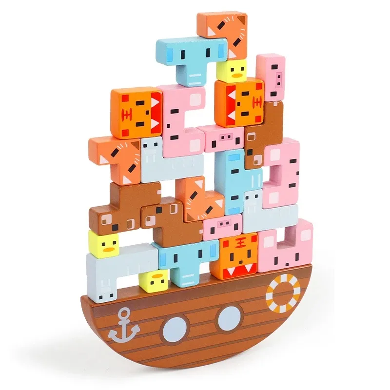 Montessori Animal Stack Balance Game Wooden Marine Life Stacking Blocks ...