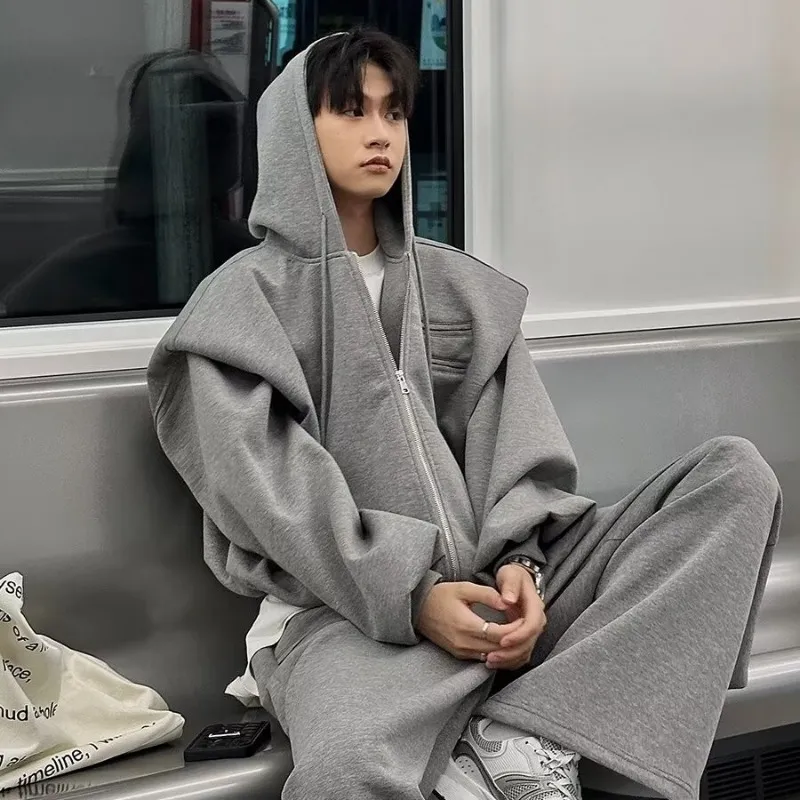 American Casual Mens Hoodie College Couple Zipper Shoulder Pad