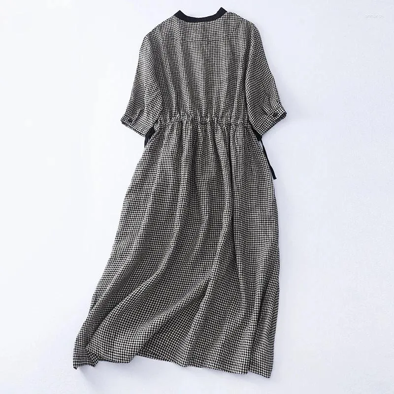 Vintage Plaid Party Dress for Women - Loose Fit, Drawstring, Round Neck, Short Sleeves, Cotton Linen Fabric, Perfect for Summer Casual Wear