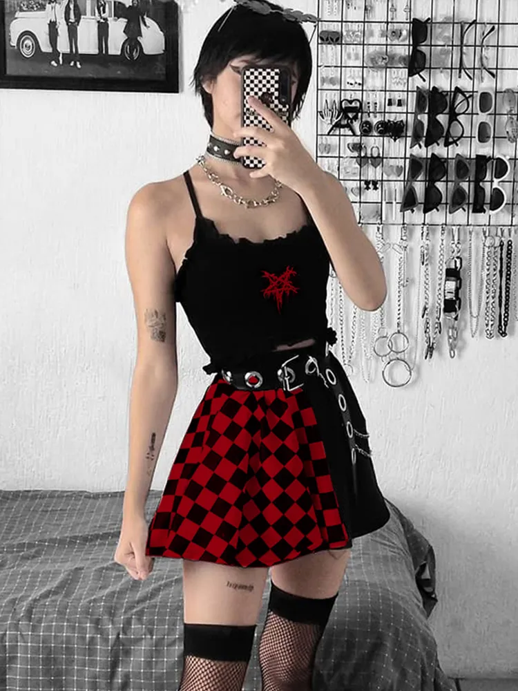 Harajuku Gothic Plaid Skirt - Y2K Aesthetic High Waist Pleated