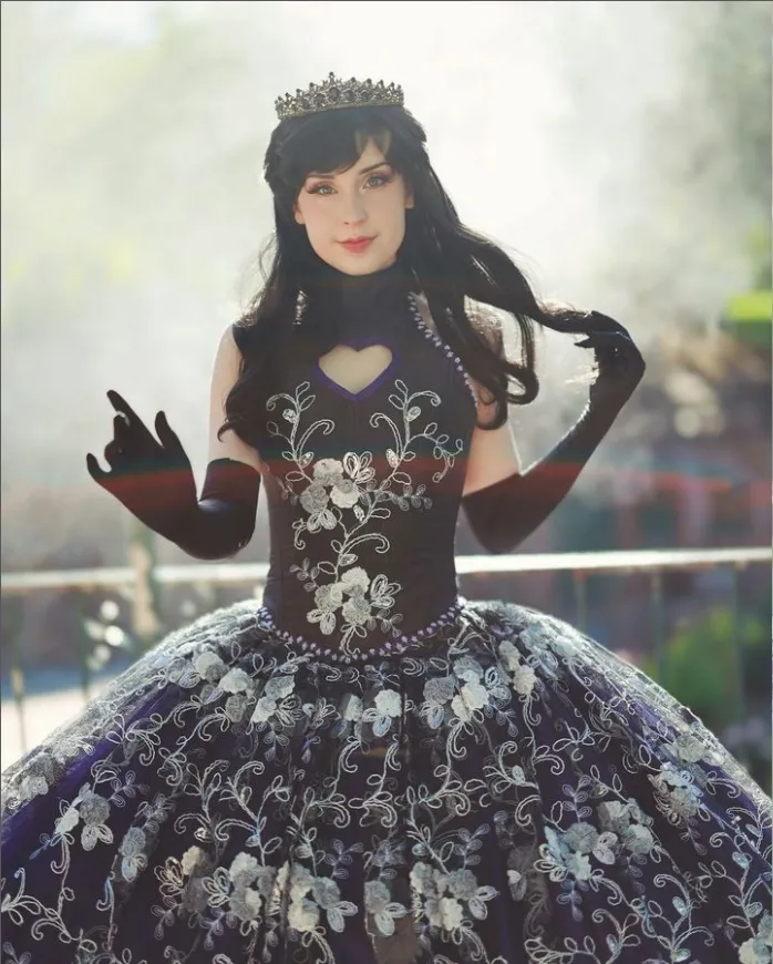 Fluffy Victorian Gothic Prom Dress Purple Bust Cutout Silver Applique Corset Corset Cos Play Womens Party Ball Gowns From Kazte 169.95 DHgate.Com