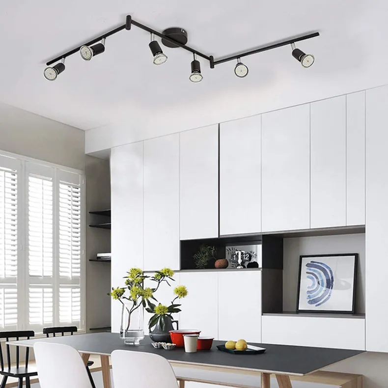 GLADFRESIT 6-Lights Track Lighting Kit, Ceiling Spot Light With Adjustable Light Pole And Matte Black Lamp Holder For Kitchen Living Room