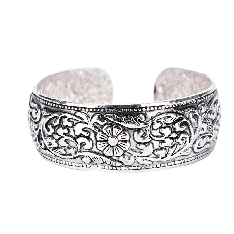Tibetan Wide Vintage Cuff Bracelets with Lucky Flower and Tibet
