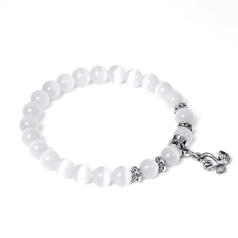 opal cat necklace - Natural Crystal Beaded Bracelet with White Cat Eye Stone and Zinc Alloy Elephant Charm for Women Jewelry - Picture 4 Of 4