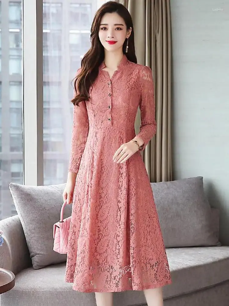 Casual Dresses French Single Breasted Party Lace Dress Women Autumn Black  Slim Elegant Evening 2024 Long Sleeve Large Size Retro