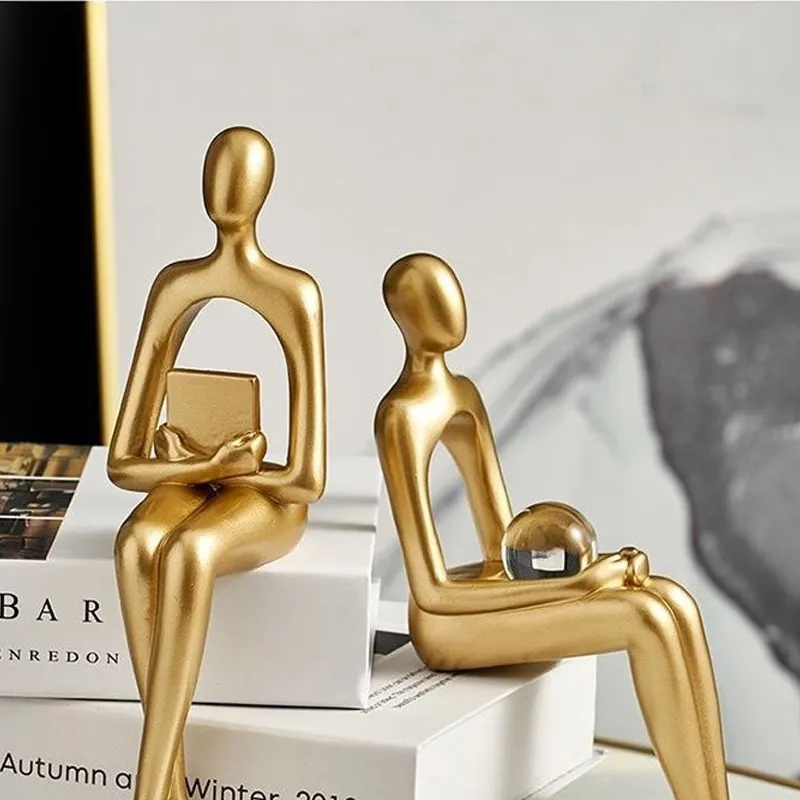 FJS Gold Thinker Statues For Table Decor Abstract Art Sculpture Set Of 3 Gold Figurines House Decorations For Home Living Room Office Shelf Bedroom