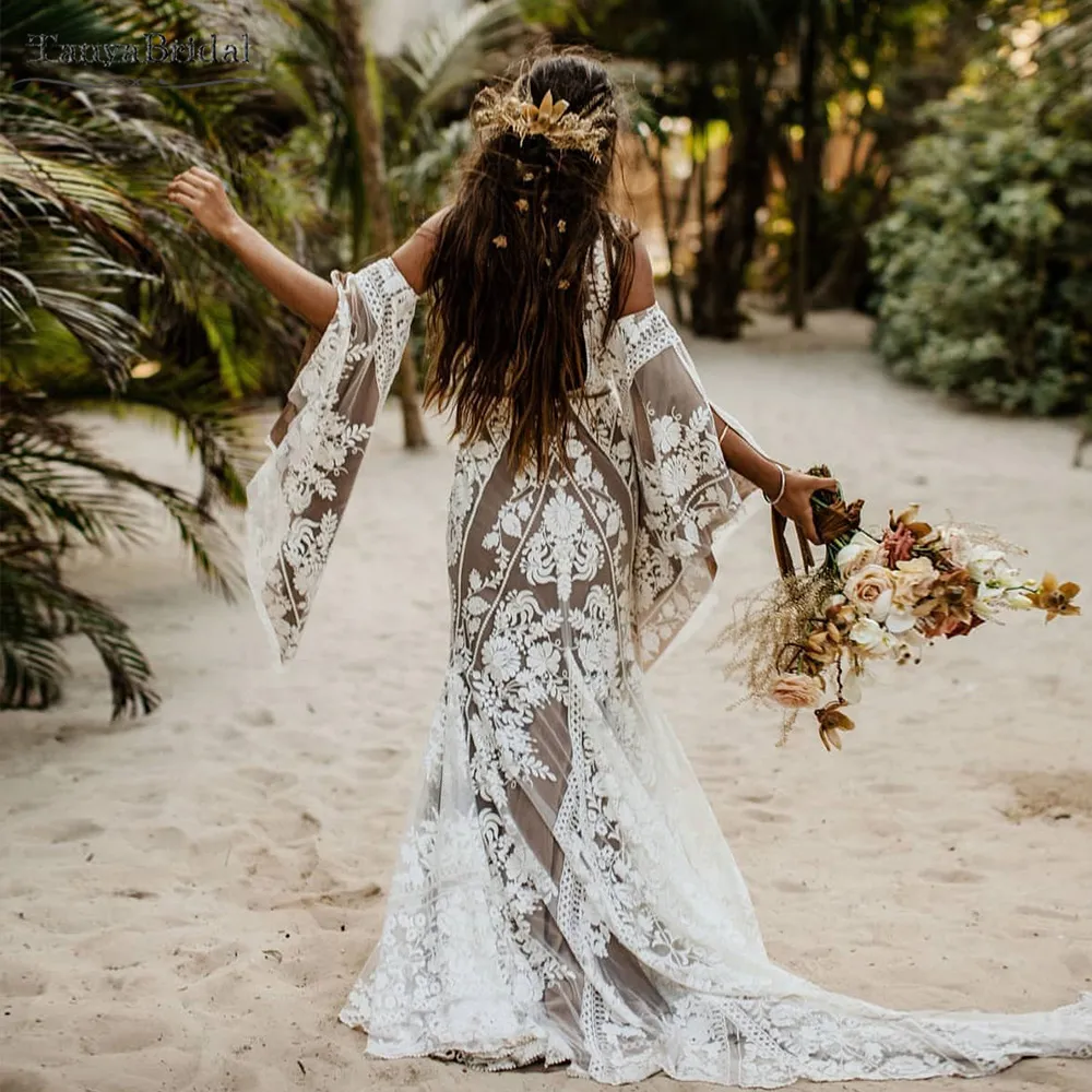 Bohemian Lace wedding attendee dress with Flare Sleeves and Bohemian Lace wedding attendee dress with Flare Sleeves and