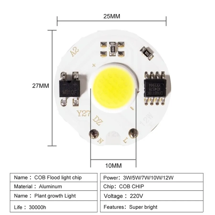 LED Light Matrix 12W 10W 7W 5W 3W COB Chip Lamp 220V 27mm Diode Array ...