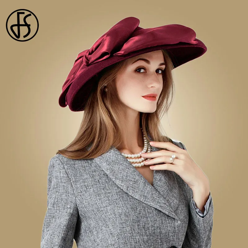 Womens Black Wool Felt Fedora Hat: Wide Brim Winter Church  display picture 1