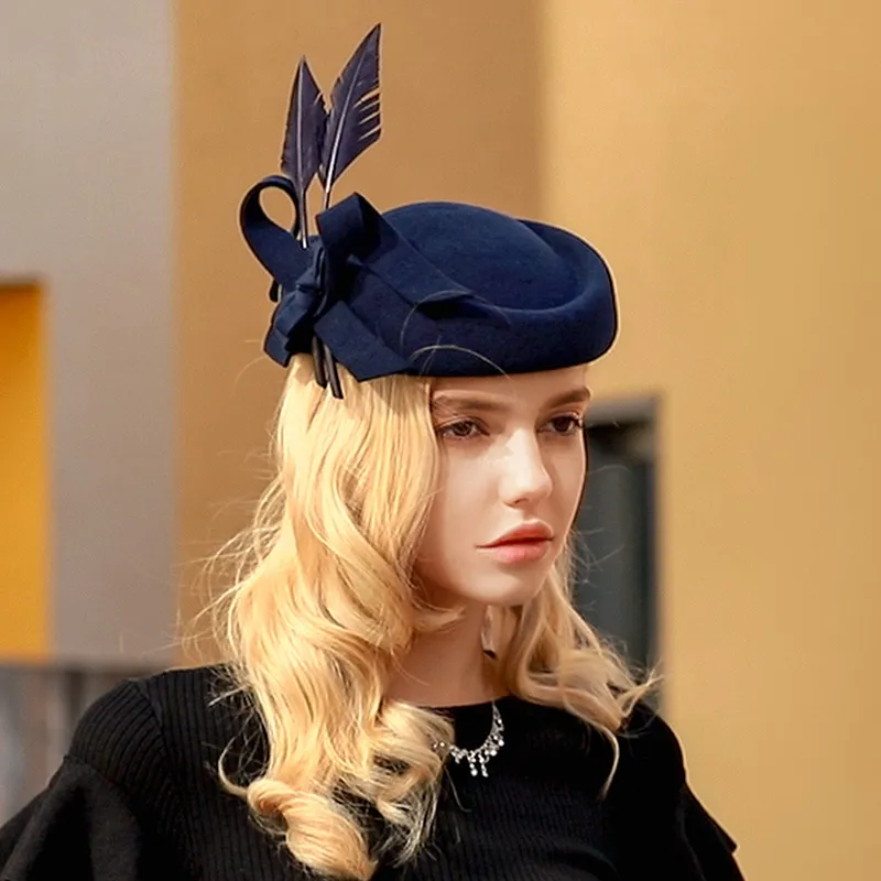 Women Feather Fascinator Hat Black Wool Felt Fedora for  display picture 1