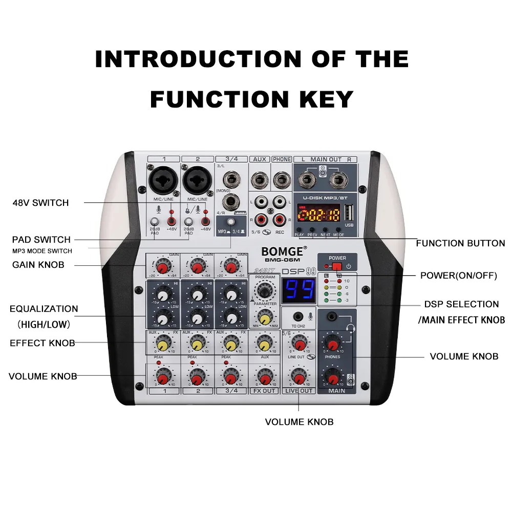 プロフェッショナル DJ オーディオミキサー 6 チャンネル Bluetooth