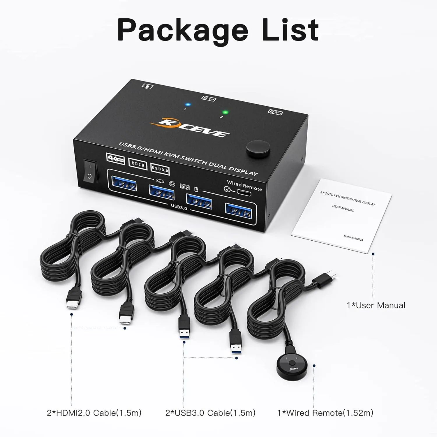 USB 3.0 HDMI KVM Switch For 2 Computers 1 Monitor – 4K@60Hz, With EDID, Remote, Shares Keyboard, Mouse, USB Devices