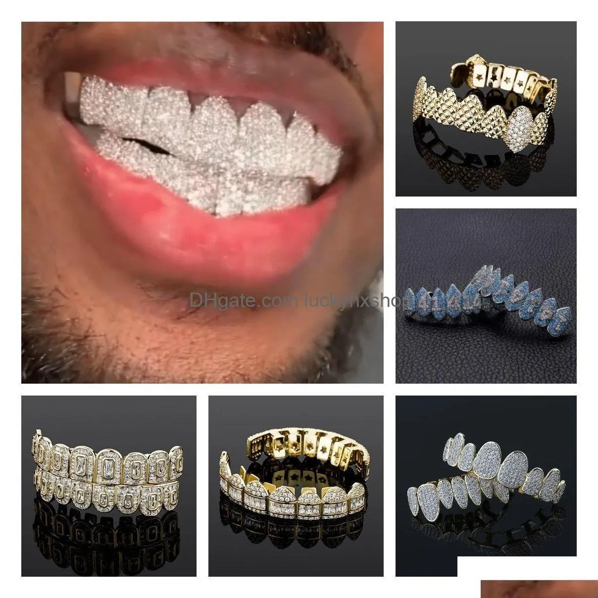 Grillz Dental Grills Iced Out Cubic Zircon Body Jewelry 18K Real Gold Punk Hip Hop Jesus Mouth Fang Brace Fl Diamond Vampire Drop De Dh3Q1