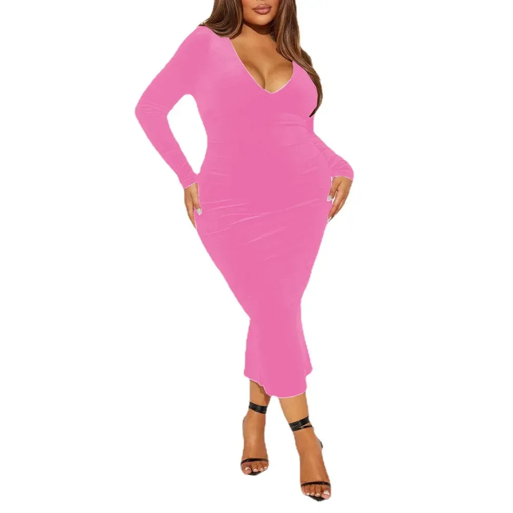 Polyester Spandex Velvet Long Sleeve V-Neck Mid-Calf Bodycon Dress for  Women from Dhgate Basic & Casual Dresses - price 42.21