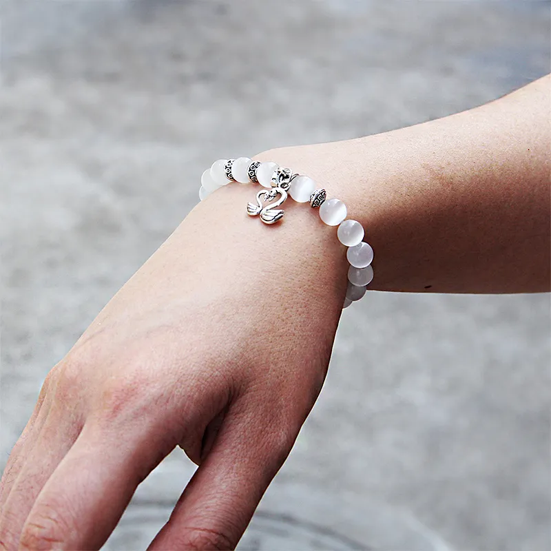 Women Bracelets Natural Opal Bracelet White Cat Eye Crystal Beads Bangle Swan Elephant Charm Pendant Pulsera For Women Jewelry - Picture 3 Of 4