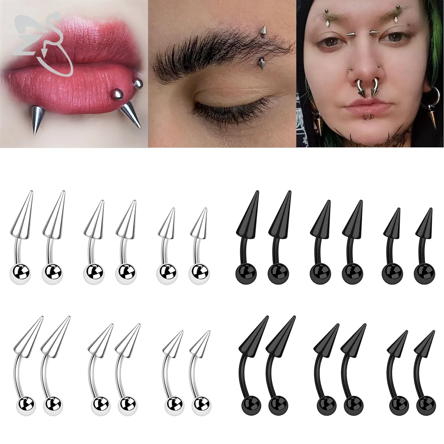thumbnail interactive-video image 1 of 3 Pcs 16g Matte Black Surgical Steel Spike Tragus Lip Eyebrow Rings, 3mm, 316L 1 of 4