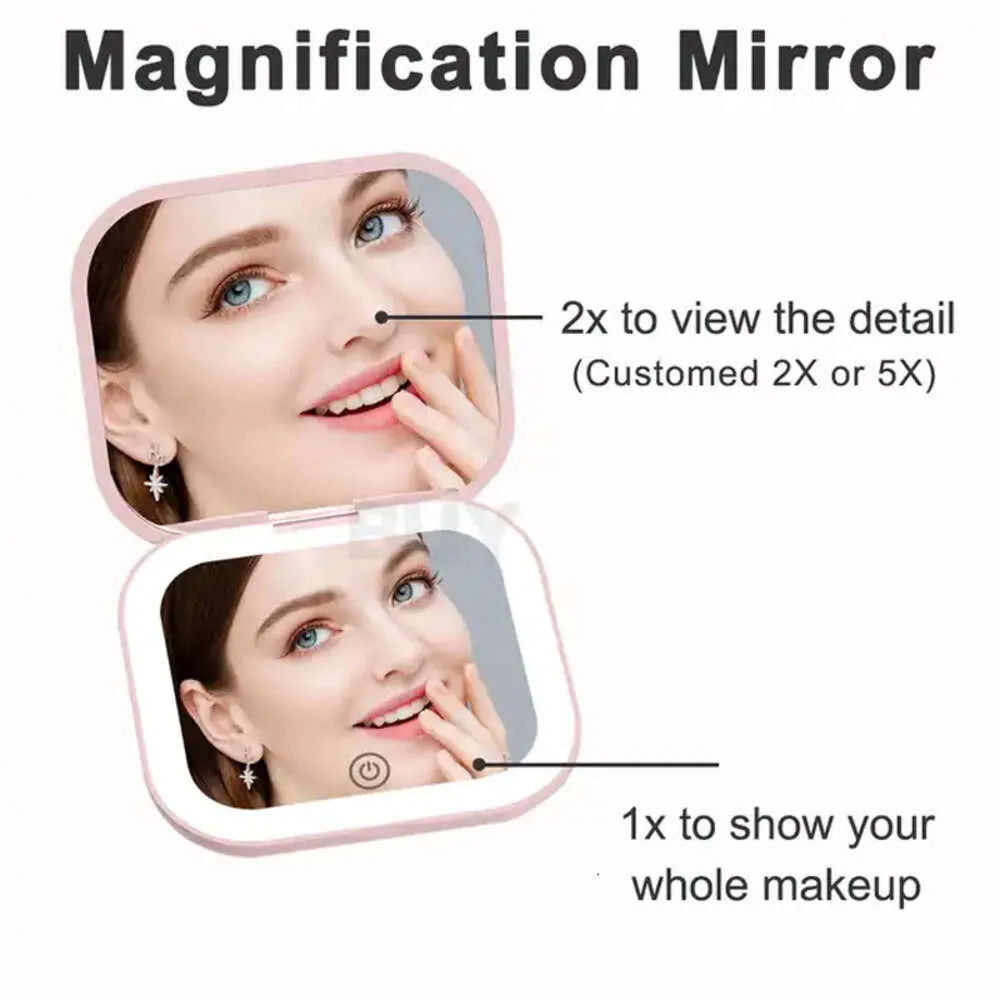 Folding Compact Makeup Mirror With LED Lights, 2X Magnification ...